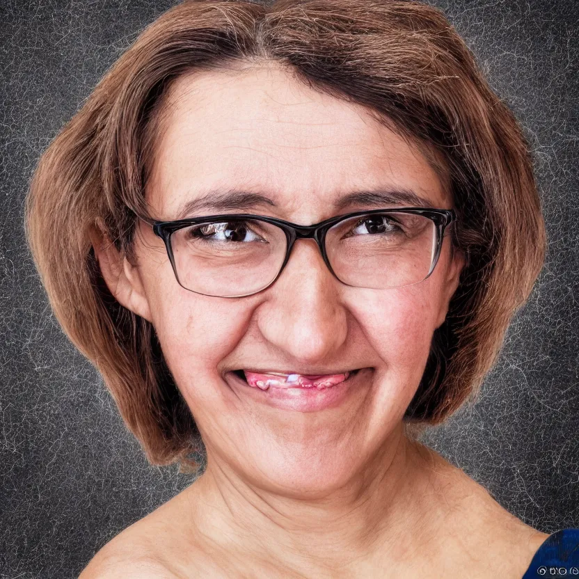 Prompt: Modern Venezuelan professor woman portrait slight smile, twinkling eyes highly detailed hyper realistic photo on black background