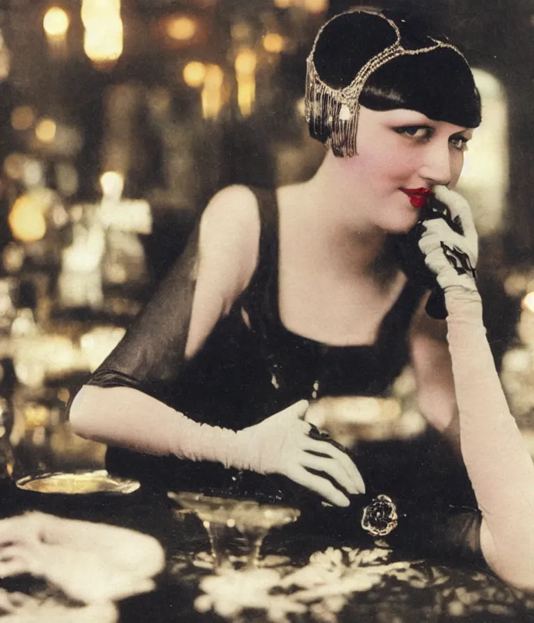 Prompt: close - up antique grainy colored photo of a 1 9 2 0 s short - haired flapper woman in black satin gloves sitting at a table and smirking seductively at the camera. in the background there is a crowded party in a dimly lit speakeasy bar, jazz age, cohesive, 5 0 mm photography, precise, cinematic, low - lighting, photography