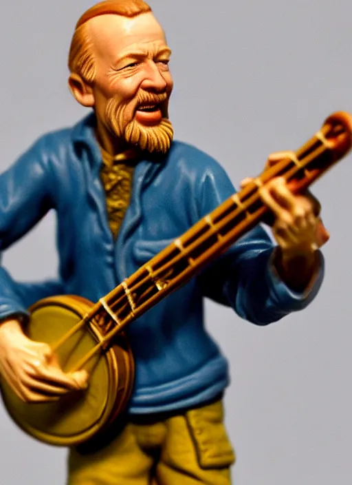 Prompt: 8 0 mm resin detailed miniature of pete seeger holding his banjo and singing with his head thrown back, product introduction photos, 4 k, full body,