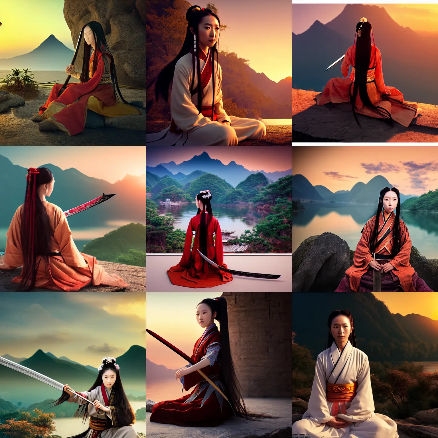 Prompt: beautiful long hair wuxia lady sitting with back to photo with her sword next to her, seeing the mountain and river, sunset, wuxia by Chen Uen, Chinese Brush Painting style, ultra realistic, cinematic shot, 8k, Frostbite 3 Engine, octane render