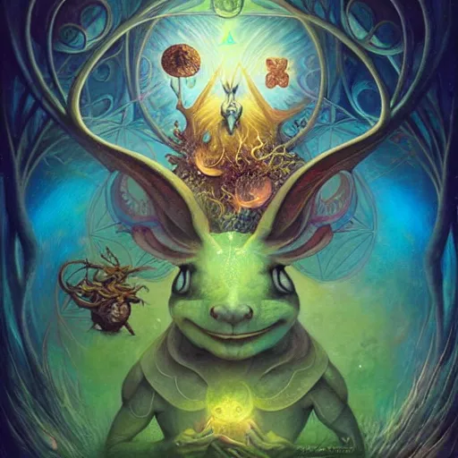Prompt: psychedelic bufo artwork of esao andrews, frank peter mohrbacher, energy body, sacred geometry, esoteric art, divinity, detailed, tarot art