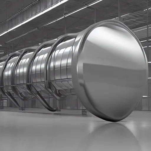 Image similar to big metallic capsule connected to pipelines, purpose is pump, standing in large industrial hall, designed by best engineers, raytracing, reflections