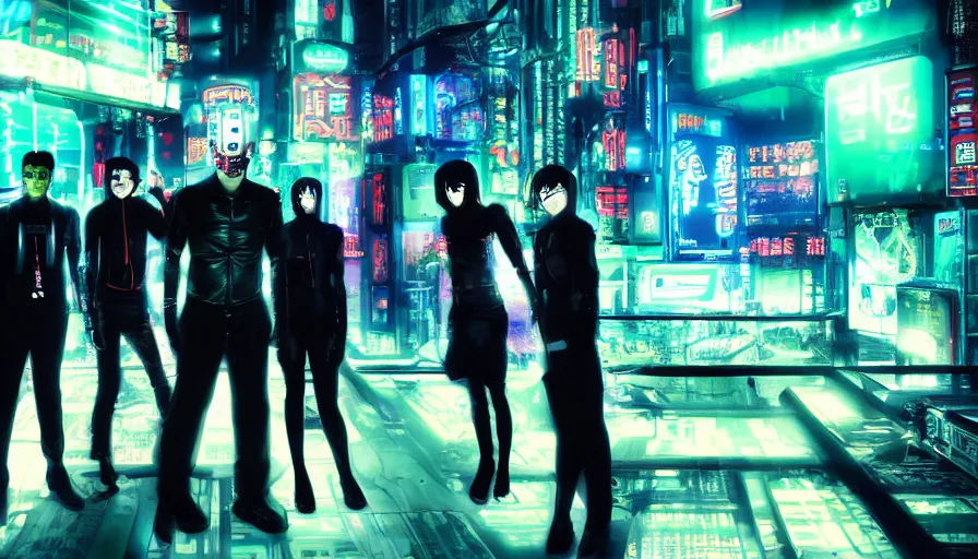 Prompt: ( ( ( sci - fi mafia ) ) ) futuristic half musician half cyborg cyberpunk neopunk horror electronic rock band photo, five people, dressed like cyberpunk horror characters, neon signs, futuristic buildings in the background, tokyo at night, photographic quality, hyper - realistic, daylight, medium format uhd style, fifth element by jean - luc goddard