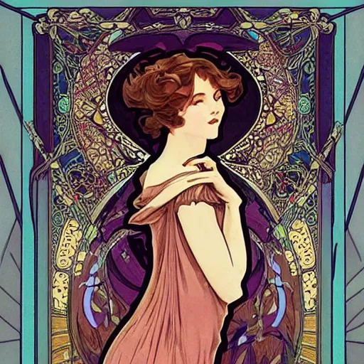 Image similar to modern woman in beautiful dress. mucha style. epic composition. highly detailed.