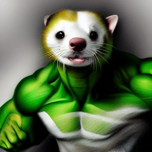 Prompt: A ferret as The Hulk, white background, Digital painting