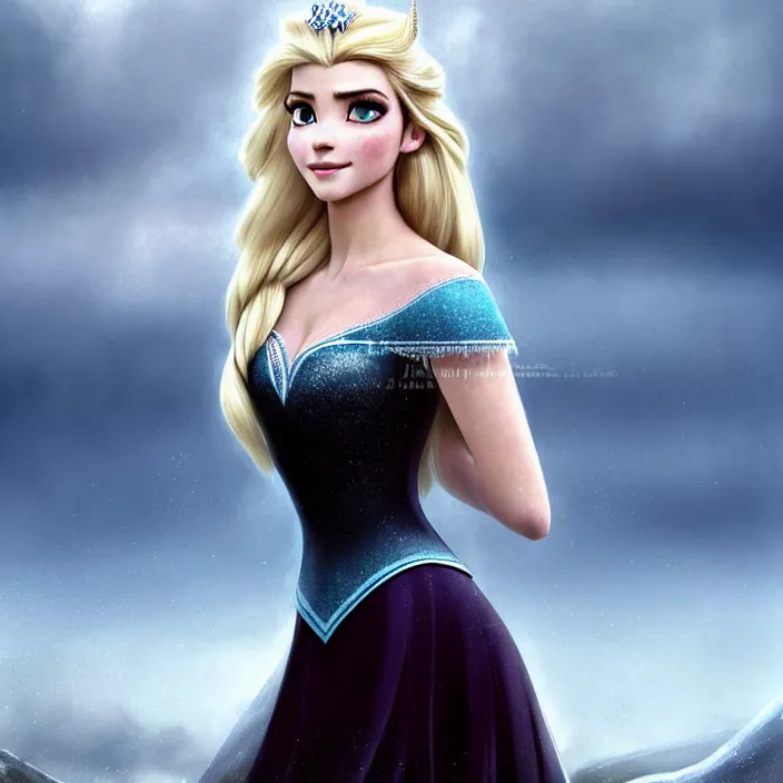 Image similar to portrait of a combination of Ashley Greene, Katheryn Winnick, Victoria Justice and Adriana Dxim, Grace Kelly, Emma Watson and Lily Collins with blonde hair as Elsa from Frozen, countryside, calm, fantasy character portrait, dynamic pose, above view, sunny day, thunder clouds in the sky, artwork by Jeremy Lipkin and Giuseppe Dangelico Pino and Michael Garmash and Rob Rey and Greg Manchess and Huang Guangjian, very coherent asymmetrical artwork, sharp edges, perfect face, simple form, 100mm