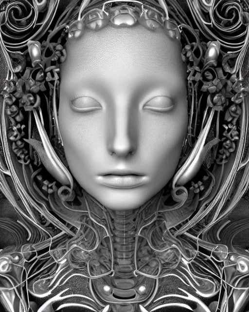 Image similar to mythical dreamy black and white organic bio-mechanical spinal ribbed profile face portrait detail of translucent steampunk beautiful female angelic-human-queen-vegetal-cyborg, highly detailed, intricate trnaslucent ivy jelly ornate, poetic, translucent roses ornate, 3D render, digital art, octane render, 8K artistic photography, photo-realistic, by Dora Maar