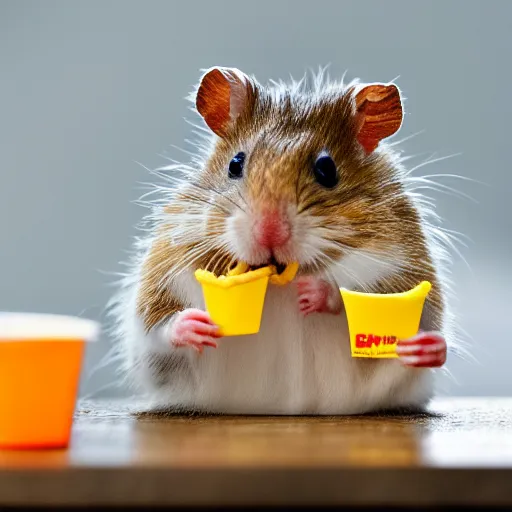 Image similar to detailed photo of a hamster eating fries, mcdonald's, various poses, full body, unedited, daylight, dof 8 k