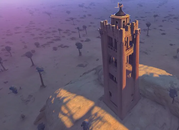 Image similar to overhead view of the great tower of the south in the desert of duhnes medium shot, studio ghibli, pixar and disney animation, sharp, rendered in unreal engine 5, anime key art by greg rutkowski, bloom, dramatic lighting