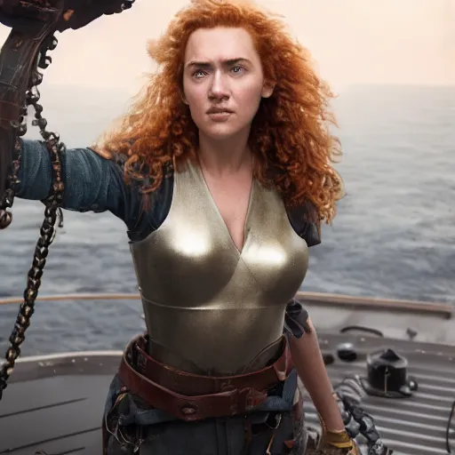 Prompt: a heroic portrait of teenage curly redhead kate winslet mechanic with one prosthetic metallic gauntlet standing on a ship deck by greg rutkowski, ultra realistic, by sung choi, photorealistic 8 k, cinematic lighting, hd, high detail, atmospheric, trending on artstation, high detailed face