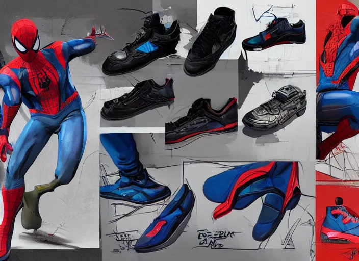 Prompt: sneakers of spider man by yoji shinkawa, concept art, unreal engine, bright colors