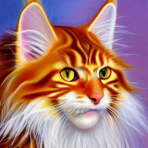 Image similar to Beatiful Oil painting of an orange Maine-coon with a white beard. wearing a wide-brimmed straw white sombrero sombrero
