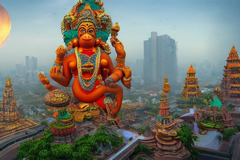 Image similar to high quality 3 d dreamscape! mumbai with biomorphic hanuman!! head building, kalighat highly detailed, unreal engine cinematic smooth, stephen shore & john j. park, soft morning light, wide shot, high angle, uhd 8 k, deep focus