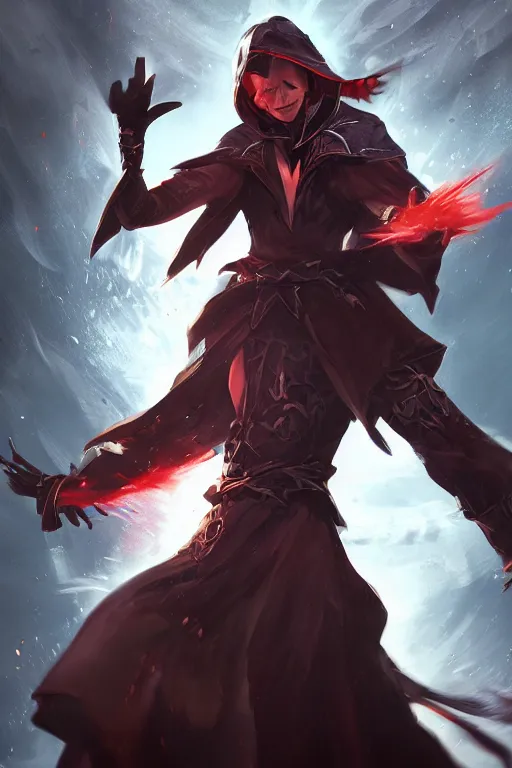 Image similar to an evil mage in a fighting pose casting a dark spell, character splash art, dynamic, action pose, digital painting, WLOP, trending on artstation, 8k, epic composition, highly detailed, sharp focus