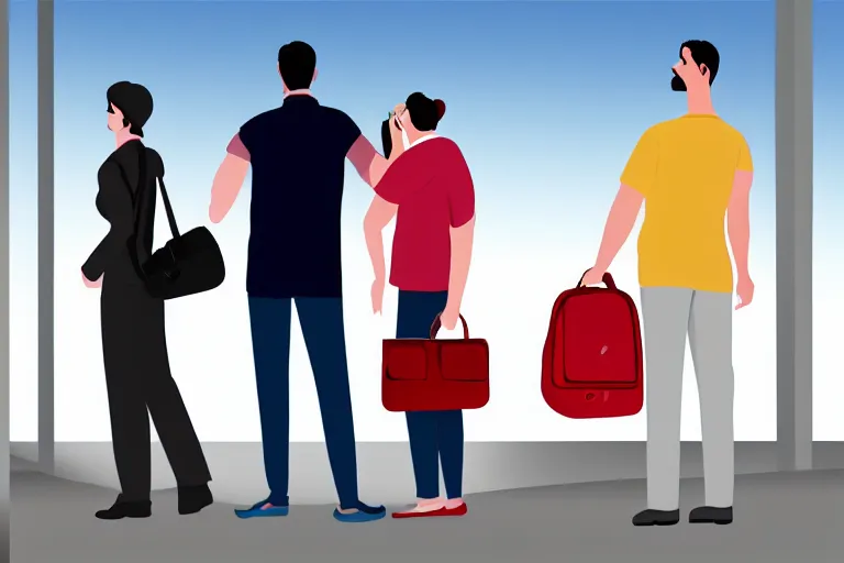 Image similar to tall, broad shouldered, security guard checks the bags of a worried looking couple, man and woman, digital art
