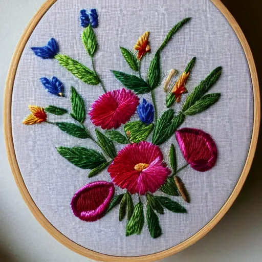 Image similar to a tiny beautiful handmade embroidery of a stunning bouquet of flowers. hand embroidery.