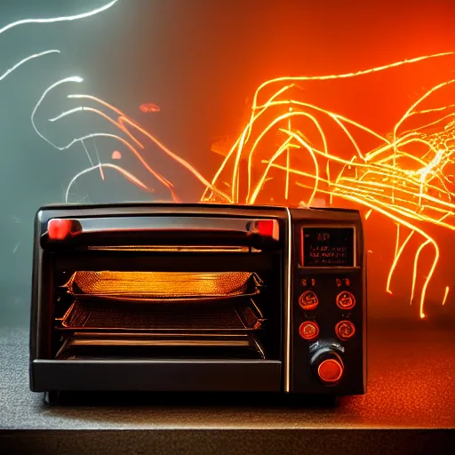 Image similar to toaster oven shangig by metallic cables, symmetry, dark messy smoke - filled cluttered workshop, dark, dramatic lighting, orange tint, sparks, cinematic, highly detailed, sci - fi, futuristic, movie still