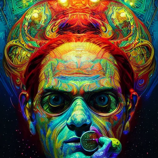 Image similar to An extremely psychedelic experience, colorful, surreal, dramatic lighting, cosmonaut, LSD, face, detailed, intricate, elegant, highly detailed, digital painting, artstation, concept art, smooth, sharp focus, illustration, art by Sam Spratt, Dan Mumford, Artem Demura and Alphonse Mucha