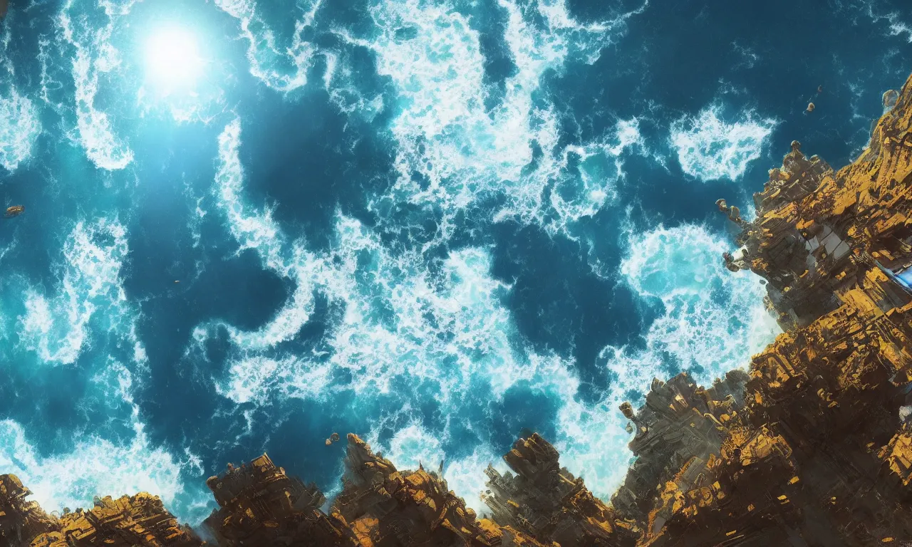 Prompt: A beautiful view of a blue ocean on an alien world, aerial view, water world, blue sky, science fiction, daylight, by John Harris, Federico Pelat, Ivan Aivazovsky, Matte Painting, 4k,