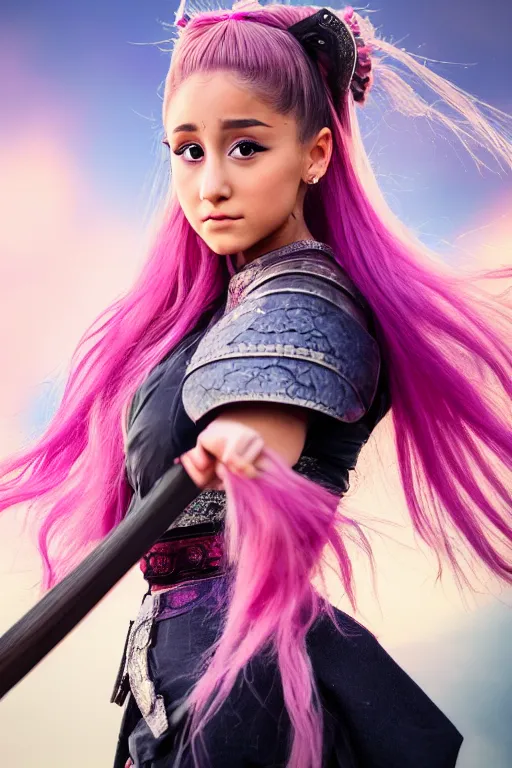 Image similar to highly detailed beautiful photo of a ariana grande as a young female samurai, practising sword stances, symmetrical face, beautiful eyes, pink hair, realistic anime art style, 8 k, award winning photo, pastels colours, action photography, 1 / 1 2 5 shutter speed, sunrise lighting