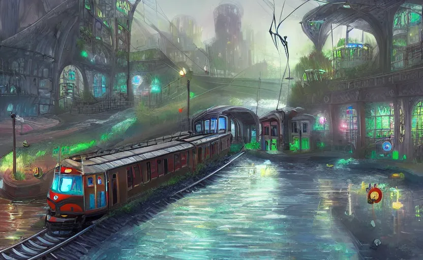 Image similar to An urban train rides inside of a waterway on a fantasy city. Fantasy and concept art, colorful digital painting, unreal engine.