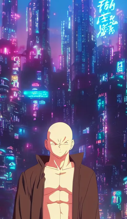 Prompt: anime fine details portrait of Buu in front of cyberpunk moder city landscape on the background deep bokeh, close-up view, anime masterpiece by Studio Ghibli. 8k, sharp high quality anime, artstation