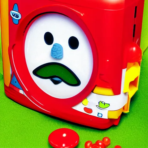 Prompt: Photo of an Aqua Teen Hunger Force Fisher Price learning toy for babies