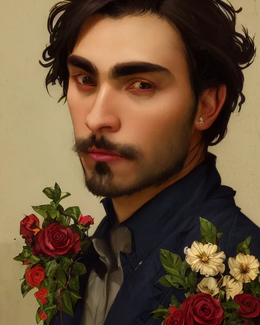 Prompt: 3 / 4 portrait, male vampire, brown skin, long dark hair, dark blue shirt, beautiful, flowers, blood on mouth, detailed background, elaborate jewelry, earrings, artstation, alphonse mucha, william bouguereau, rossdraws, greg rutkowski, super detailed, illustration, realistic, octane render, sharp focus, cinematic, 8 k