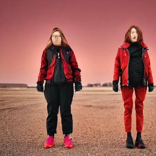 Image similar to photographic portrait of 2 clones in front of a brutalist metal building, 2 techwear women, on a desolate plain, red sky, sigma 8 5 mm f / 1. 4, 4 k, depth of field, high resolution, 4 k, 8 k, hd, full color