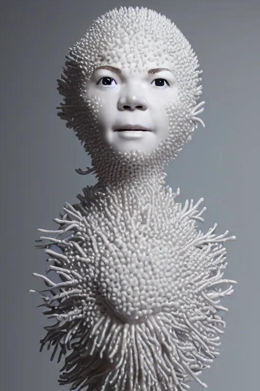 Prompt: full head and shoulders, bjork porcelain sculpture, smooth, delicate facial features, white eyes, white lashes, detailed white, lots of white coral sea elements, fish, sea anemones, all white features on a white background, by daniel arsham and james jean