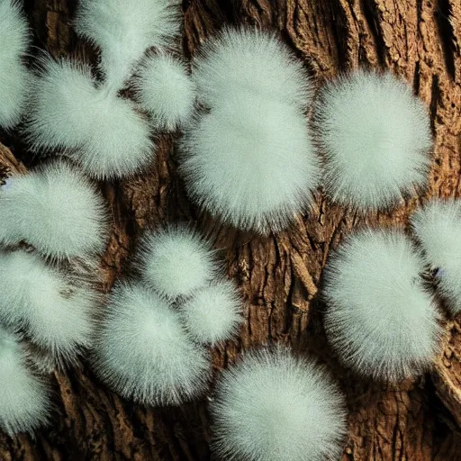 Image similar to bioluminescent white furry fungus growing on a dead tree, photorealistic, fungal, magic,