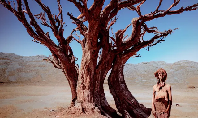 Image similar to medium shot of a crying ancient dried up Danu, peaceful, facing the camera and standing in front of a dried up river in a desolate land, dead trees, blue sky, hot and sunny, highly-detailed, elegant, dramatic lighting, artstation, 4k, cinematic landscape, photograph by Elisabeth Gadd