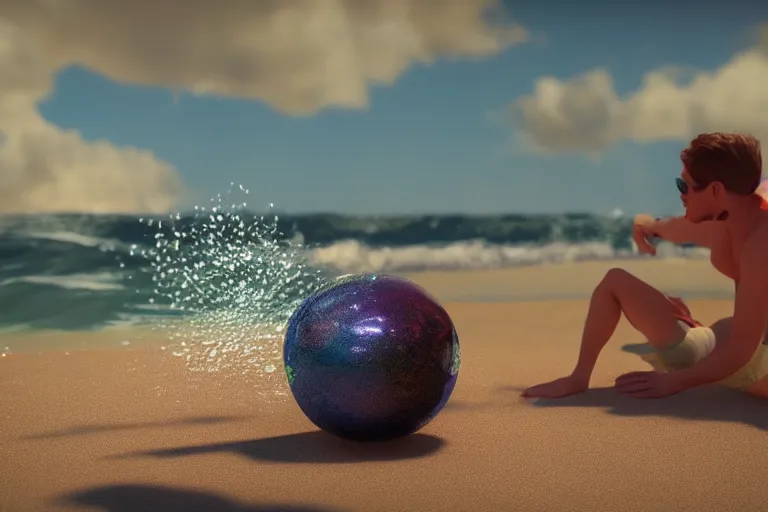 Image similar to a cinematic still from weeoolapingo of yurno mcgignon, ((octane render, nvidia raytracing demo)), masterpiece, ((beach, waves)), hyperdimensional, prismatic