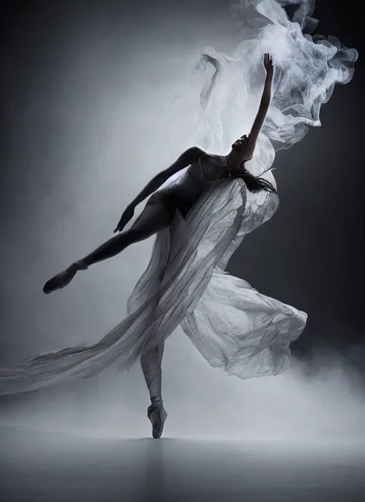 Image similar to a Photorealistic dramatic hyperrealistic render of a beautiful Female smoke dancer by Ken Brower and Deborah Ory of NYC Dance project,Lois Greenfield,Flowing cloth and smoke,Beautiful dynamic dramatic dark moody lighting,volumetric,shadows,cinematic atmosphere,Octane render,8K