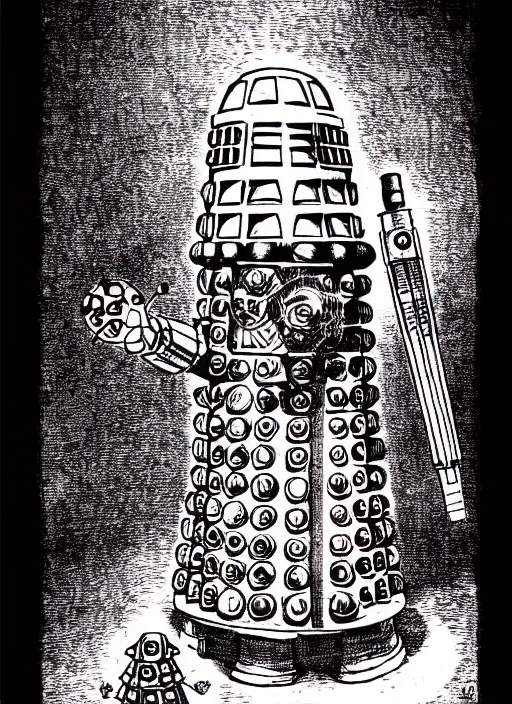 Image similar to a dalek as a d & d monster, pen - and - ink illustration, etching, by russ nicholson, david a trampier, larry elmore, 1 9 8 1, hq scan, intricate details, high contrast, no background