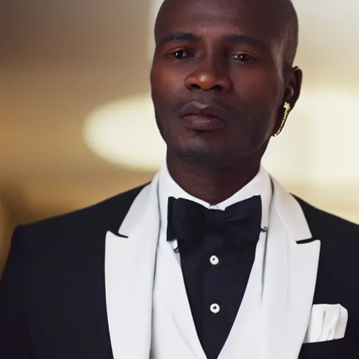 Image similar to closeup of a well groomed African man wearing a white tuxedo, standing in a hotel lobby; bokeh cinematic portrait, realistic photo, 32mm lens