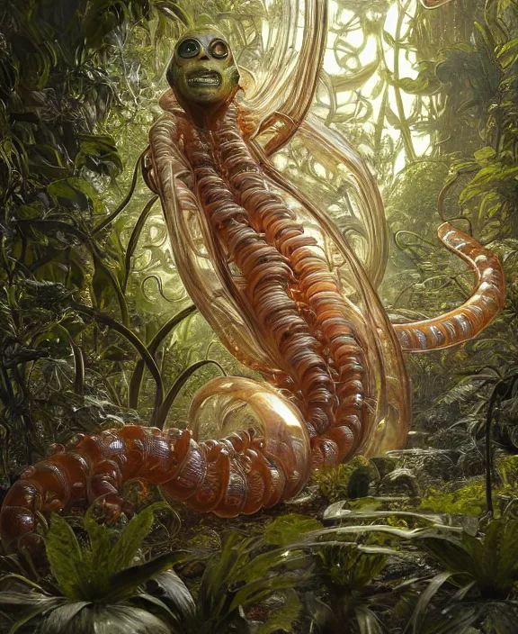 Image similar to intricate ornate opulent transparent clear see - through portrait of a terrifying ugly male alien centipede, mottled coloring, adorable, childlike, overgrown jungle environment, ultra realistic, concept art, art nouveau, photorealistic, octane render, 8 k, unreal engine. art by christopher marley and artgerm and greg rutkowski and alphonse mucha