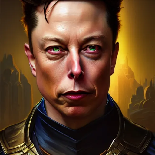 Image similar to Mischievous Elon as Zorg, western, closeup, D&D, fantasy, intricate, elegant, highly detailed, digital painting, artstation, concept art, matte, sharp focus, illustration, art by Artgerm and Greg Rutkowski and Alphonse Mucha