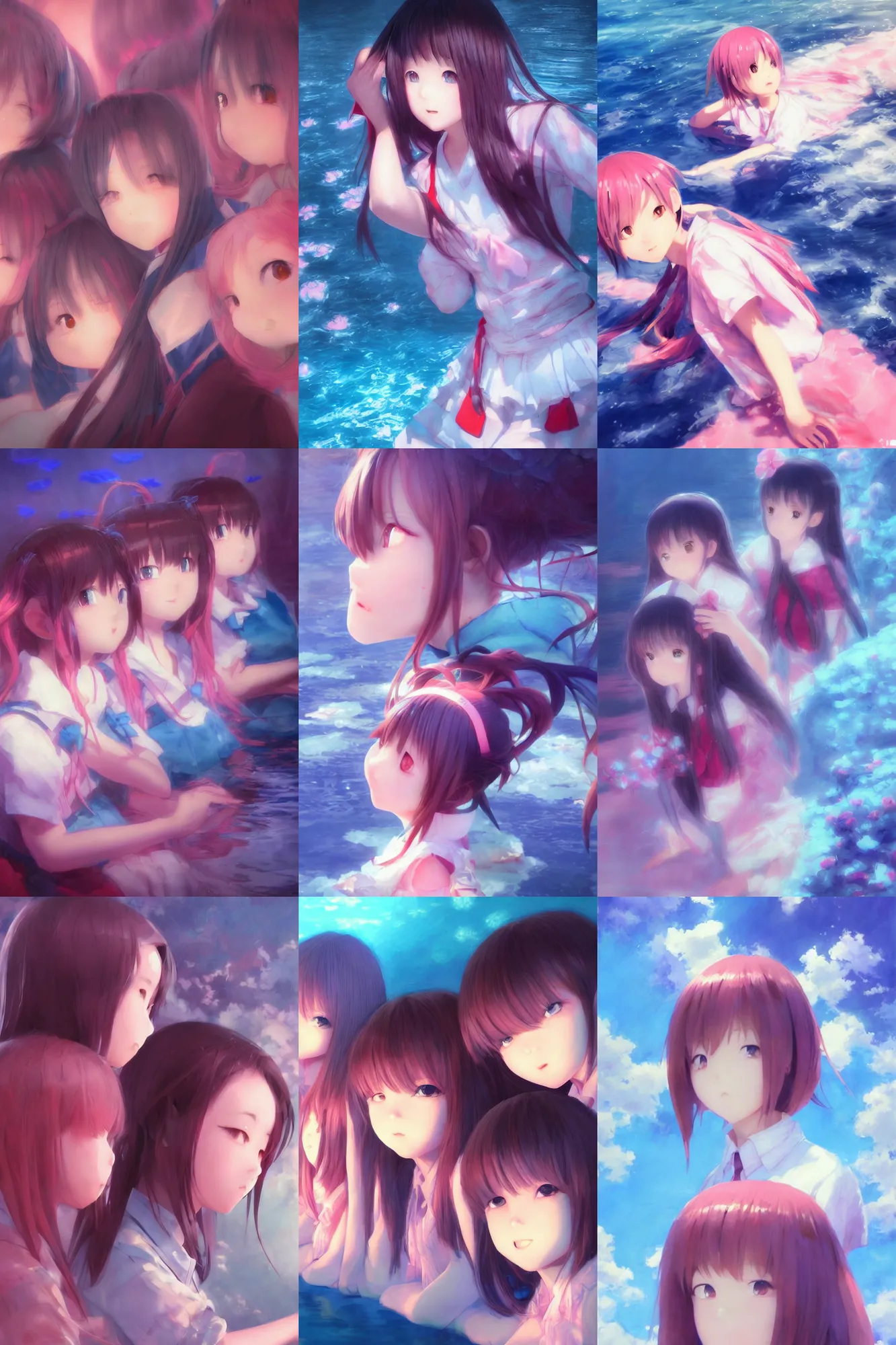 Prompt: 3d infrared octane render concept art by Mo Xiang Tong Xiu, by Igarashi Daisuke, by makoto shinkai, cute beauty cozy portrait anime sad schoolgirls under dark pink and blue water. light rays. deep water bellow. beautiful and cutest sad face. dramatic deep light, trending on artstation, oil painting brush