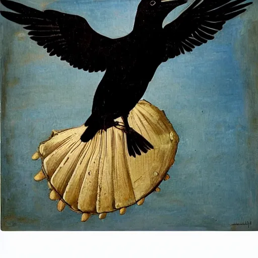 Image similar to high quality oil painting by botticelli, a raven bird standing on an open scallop shell, the wind of god zerphyr blows on it from the left