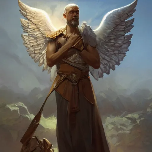 Image similar to Damat, guardian angel of travelers, olive skinned, sumerian, D&D, highly detailed, digital painting, artstation, concept art, sharp focus, illustration, cinematic lighting, art by artgerm and greg rutkowski and alphonse mucha