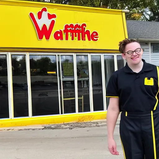 Image similar to wafflehouse employee's standing below wafflehouse sign, employees uniform is blue and black with yellow name tags