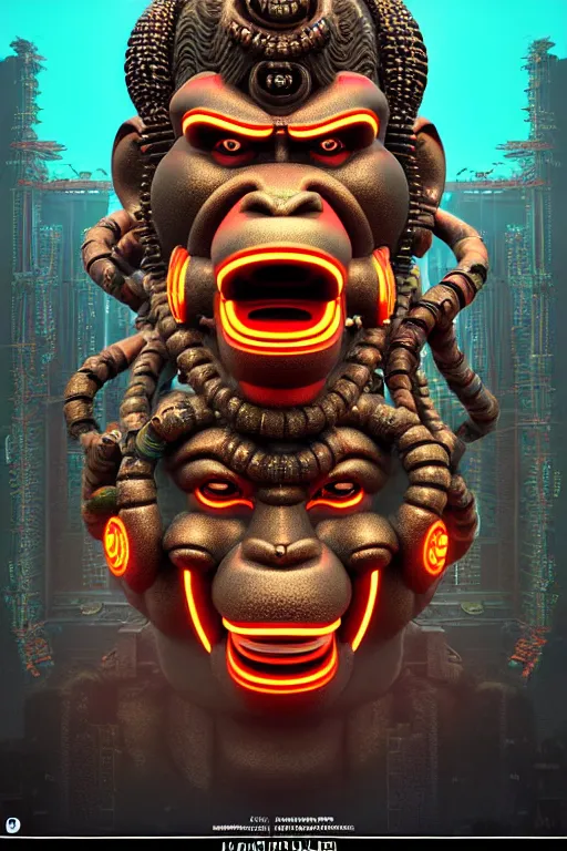 Image similar to high quality 3 d render post - rococo cyberpunk hanuman! head building, neon madhubani, open mouth, highly detailed, in sci - fi mumbai, cinematic smooth unreal engine, lee madgwick & liam wong, dramatic light, low angle, uhd 8 k, sharp focus