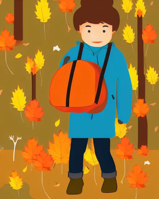 Image similar to autumn hillside boy with camping bag illustration light color