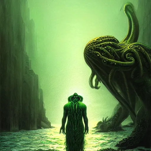 Image similar to Cthulhu emerging from the water while a man stands on the shore watching at night by Marc Simonetti