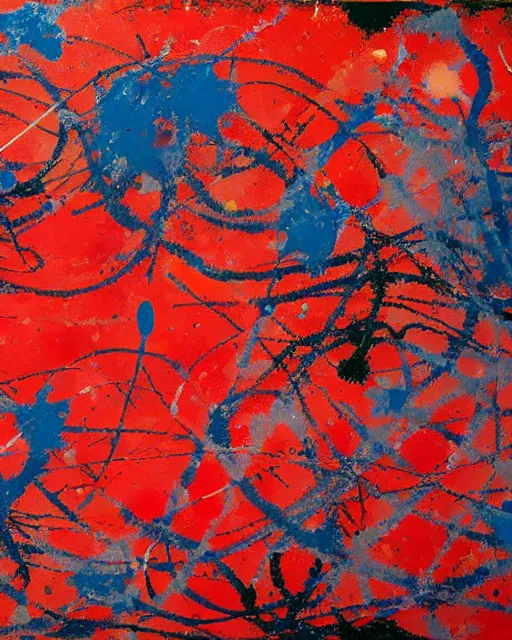 Prompt: a jackson pollock painting that is red, orange, blue, and pink, with some bottlecaps in it, detailed, oil painting