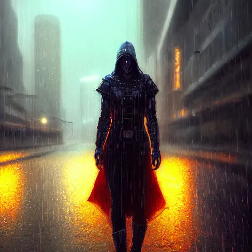 Image similar to Rain at night in a cyberpunk city, fantasy, medieval, vivid colrs, elegant, concept art, sharp focus, digital art, Hyper-realistic, 4K, Unreal Engine, Highly Detailed, HD, Dramatic Lighting by Brom, trending on Artstation