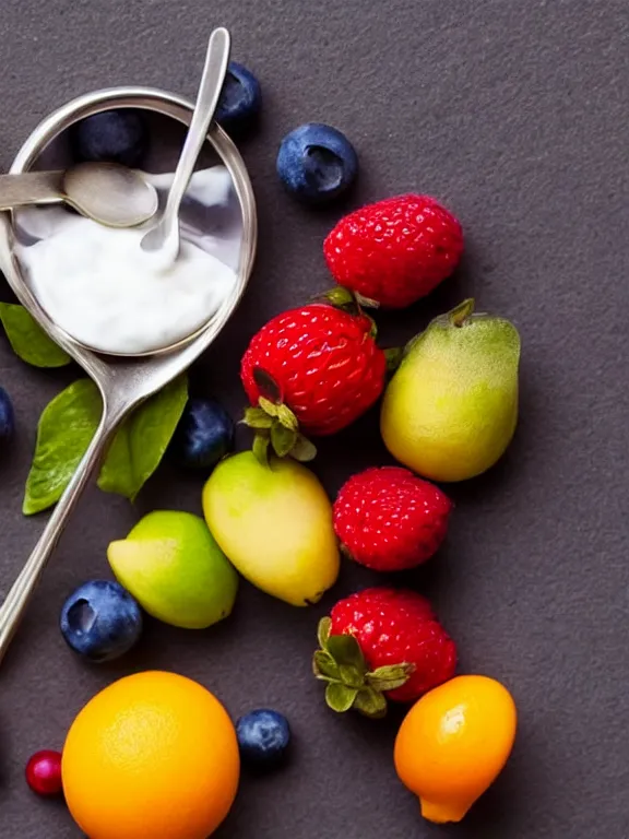 Image similar to miniature diorama of yogurt with spoon with fruits colorful