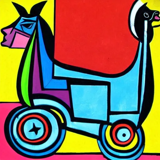 Prompt: goat riding a motocycle, geometric shapes, vibrant colors, picasso style