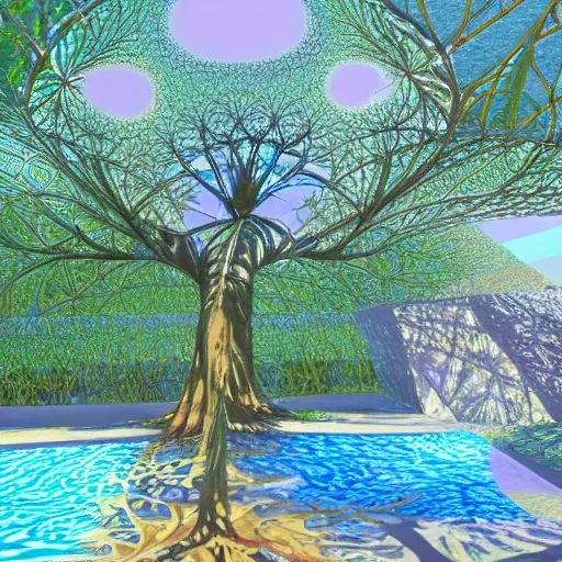 Prompt: impressionist fractal 8 legged rivulet pyramid cockatoo supernova chaise acacia tree , by Henri Matisse and Robert Rauschenberg and Monsù Desiderio , unreal engine , masterpiece , postmodern